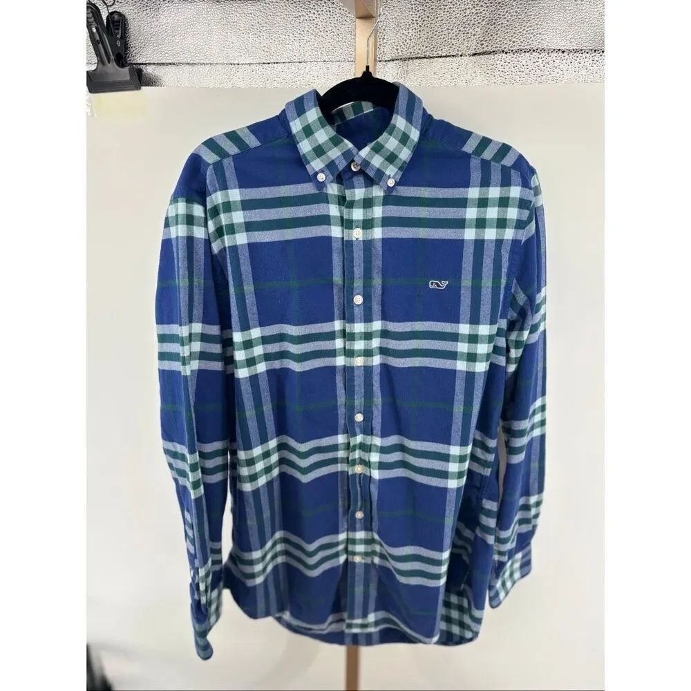 Vineyard Vines Slim Fit Whale Shirt Flannel Plaid Button Down Men M Blue
